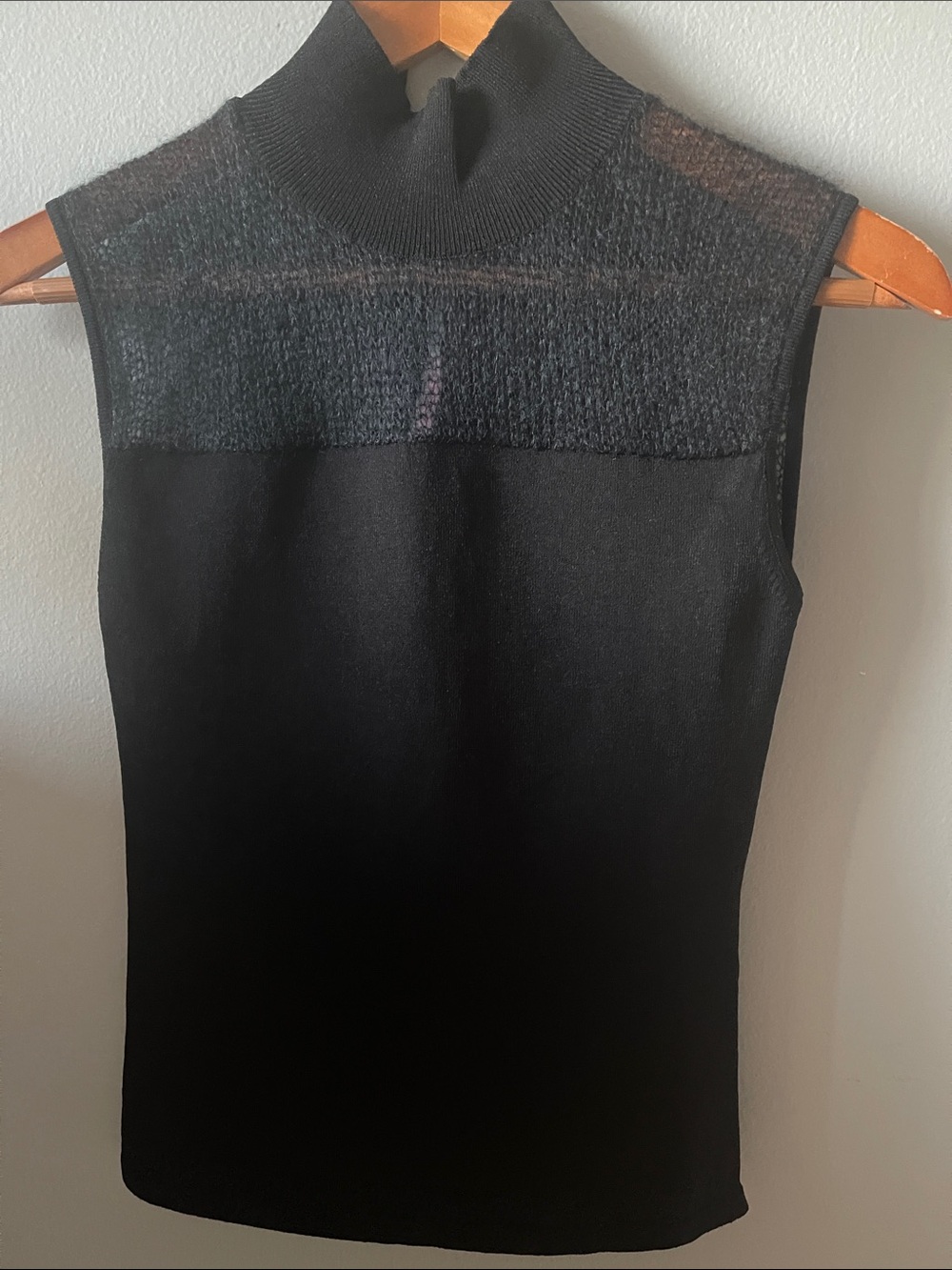 Black Sleeveless Mock Neck Top with Sheer Knit Yoke front and back Italy - Picture 11 of 14